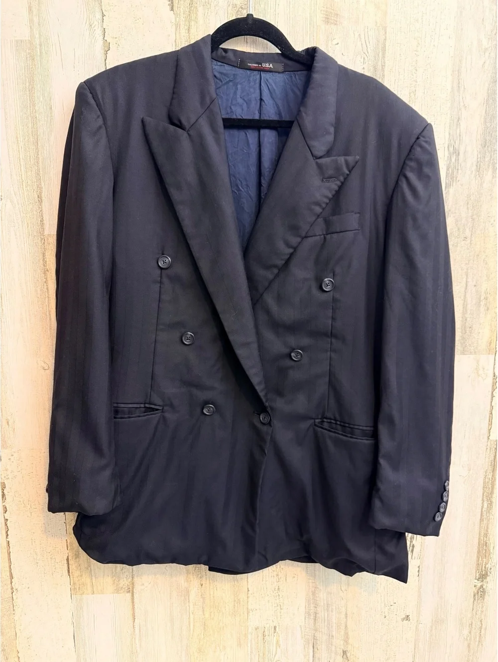 Vintage 1994 Tom James Men’s Double-Breasted Navy Pinstripe Blazer Made in USA